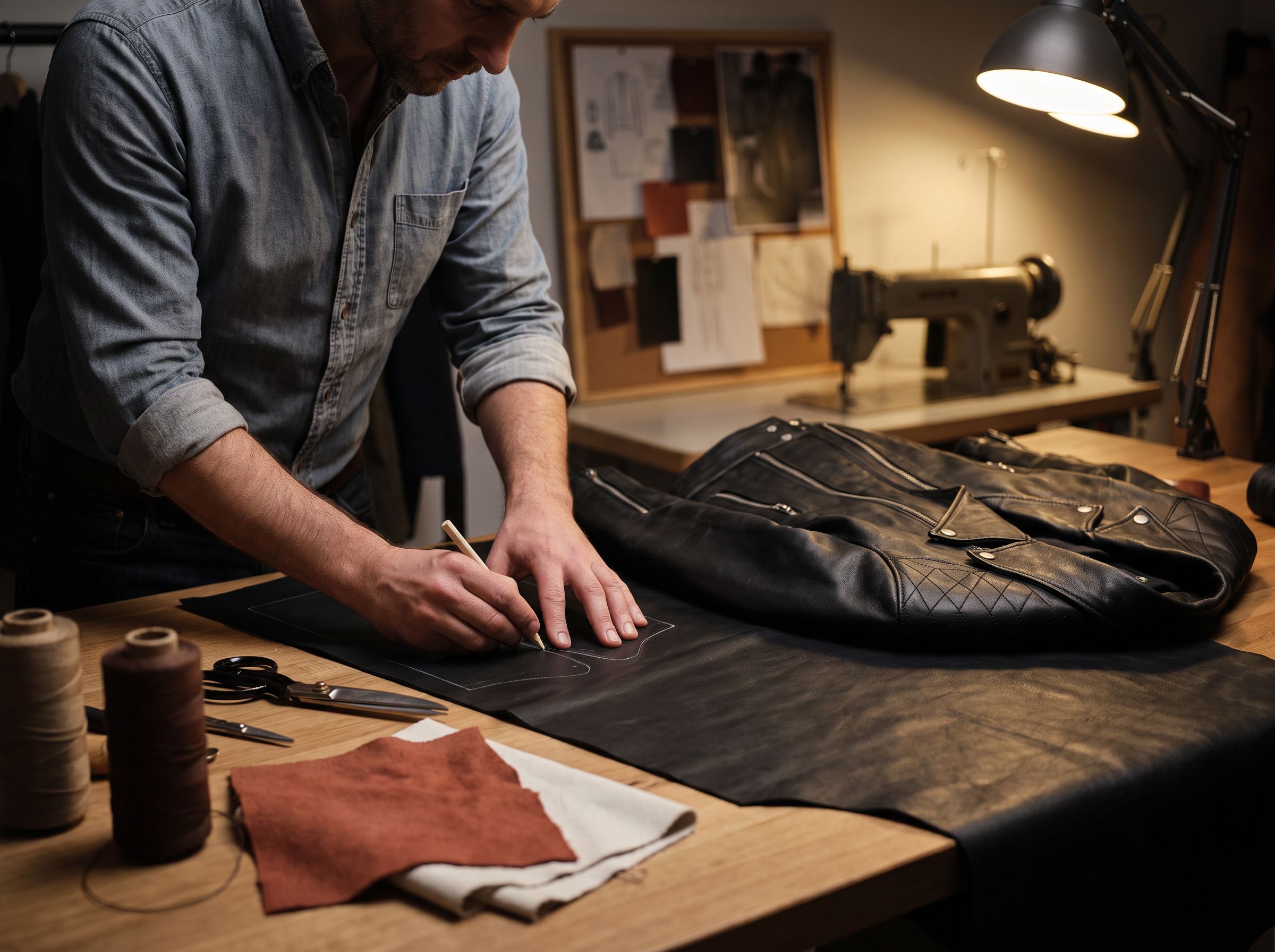 Détail artisanal d'un blouson en cuir en cours d'assemblage